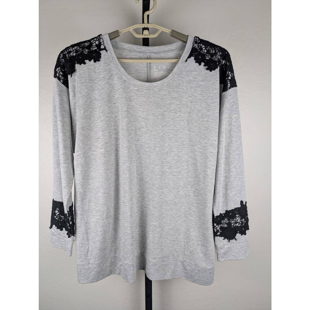 Lane Bryant Livi Active Grey Tunic Length Knit Top Black Applique Detail